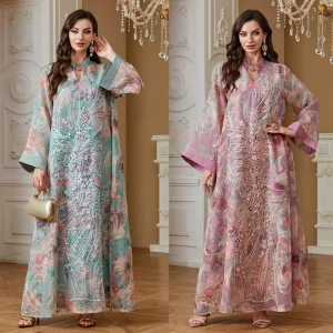Dubai Ethnic Clothing Women’s Casual Long Loose Summer Dress Embroidered Organza Floral Printed Long Sleeves Splicing Thobes