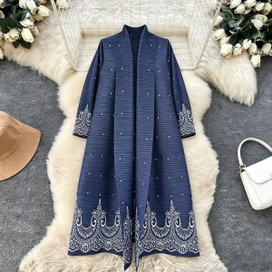 Dubai Printed Pleated Casual Modest Women Abaya Long Women Lapel Tie Robe Pleated Belt Pleated Overcoat