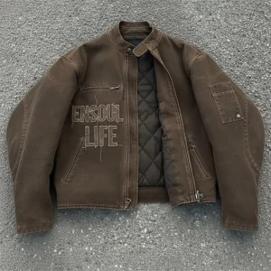 ES OEM Custom Applique Acid Wash Cotton Thick Canvas Quilted Bomber Jacket Men Vintage Front Zip Up Worker Outdoor Winter