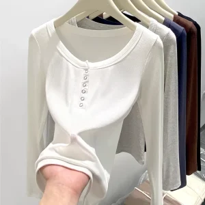Early Autumn Long Sleeve Solid Short Base Shirt Women’s Slim Fit Button Urban Style Casual Chic Neck