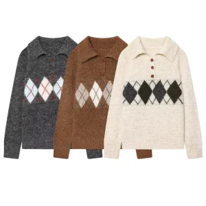 Early Spring New Women’s Collar Diamond Pattern Pullover Versatile Knitted Long Sleeved Sweater 5197