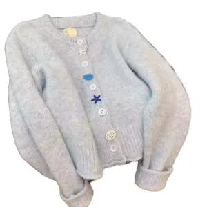 Early Spring Women’s Clothing Gentle Wind Milk Lazy Blue Pullover Long Soft Knitted Cardigan Elegant Style Cartoon Pattern