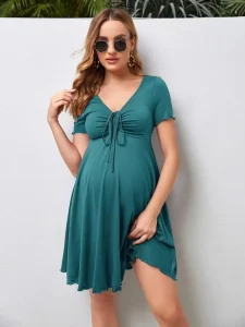 Eco-Friendly V-Neck A-Line Dress Knee-Length Short Sleeve Solid Color Polyester/Cotton Maternity Robe for Pregnant Women