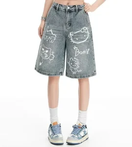 Edgy Cartoon Graffiti Summer Shorts for Women Casual Streetwear Y2K Style Loose Straight Mid Waisted Vintage Washed Denim Shorts