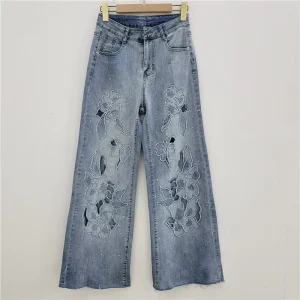 Edgy Rhinestone Floral Embellished Ripped Wide Leg Summer Vintage Jeans for Women Streetwear Y2K High Waisted Stretch Pants