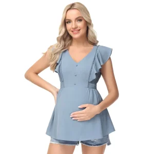 Elastic Waist Flutter Sleeve V Neck A Line Maternity Clothes Tops for Pregnant Women