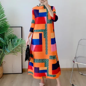 Elegance Fast Delivered Miyake Pleated Dress Printed Plus Size Women’s Elegant Dresses