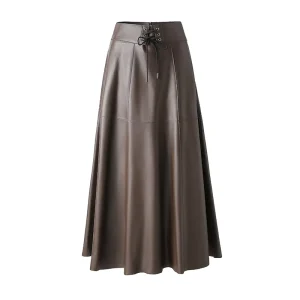 Elegant A-line Drawstring Zipper Fly Long Skirts Custom High Waist Genuine Leather Pleated Skirt for Women