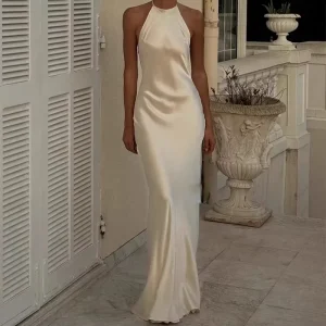 Elegant Acetate Satin Halter Neck Backless Evening Gown Women’s Solid Color Lace-Up Formal Dress