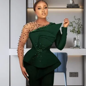 Elegant African Women’s Plus Size Outfit Beaded Mesh Long Sleeve Peplum Top with Pants Set