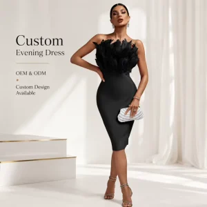 Elegant Black Feather Strapless Bandage Dress Women’s Sexy Bodycon Midi Evening Party Dress Cocktail Gown