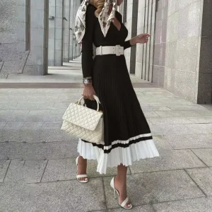 Elegant Classic Styling Black Deep V-Neck Ribbed Knit Midi Dress Contrast Pleated Hem Women’s Fall Winter Bodycon Dress