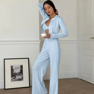 Elegant Custom Matching Cotton 3 Piece Women’s Loungewear Set Cardigan Underwear Trousers for Home Wear Summer Season