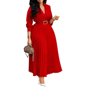 Elegant Dress for Women 3 4 Sleeve V Neck Pleated Long Dresses Casual A Line Skirt with Waist Belt fit Cocktail and Formal Party