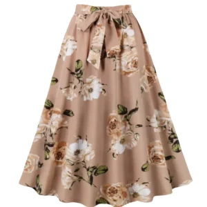 Elegant Floral Half Skirt for Women Casual Party Polka Dot Print Chiffon Fabric Breathable Natural Waistline with Bow Belt