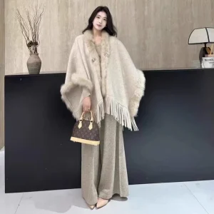 Elegant Fox Fur Trim Tassel Shawl Women’s Wool Winter Coat Casual Loose Cape Women Coat