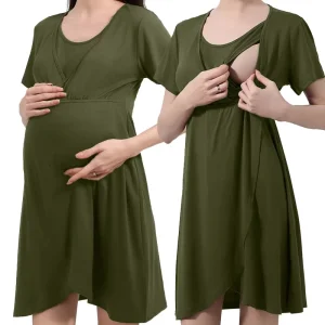 Elegant French Style Maternity Gown Nursing Sleep Dress Breathable Polyester Summer Spring for Women’s Sleepwear Postpartum Home
