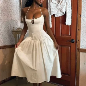 Elegant Halter Neck Cut Out Maxi Dress Waist French Style Women’s Evening Gown Belt Solid Woven Breathable Washable OEM Service