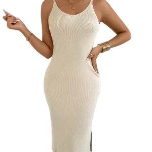 Elegant High Quality Women’s U-Neck Knitted Solid Sleeveless Bodycon Dress Summer Ribbing Woolen Simple Sexy Slitting