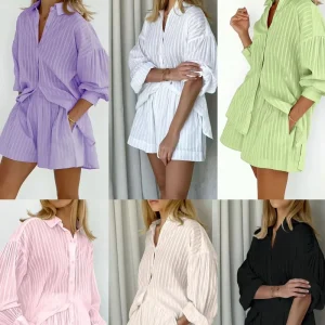 Elegant Jacquard Shirt Spring Women’s Wear Striped Puffed Sleeves and Shorts Stylish Casual Set