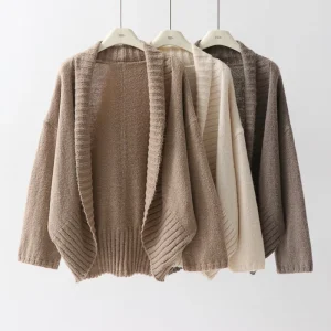 Elegant Korean Style Women’s Long Anti Pilling Computer Knitted Solid Cardigan Casual Loose Wool Turn-down Collar Autumn Front