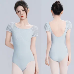 Elegant Lace Puff Sleeve Ballet Leotard With Bra Pad Insert Pocket Double Lining U Back Ladies Dance Practice Bodysuit