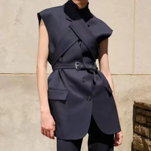 Elegant Ladies Blazers Simple Sleeveless Belt Lapel Women’s Blazer Jacket Woven Women’s Suits in Solid Pattern