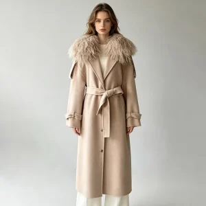 Elegant Long Fleece Jacket Autumn Women Real Lamb Fur Collar Soft Handmade Double Face Wool Cashmere Windproof