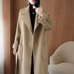 Elegant Manteau Femme Womens Belted Mid Jacket Ladies Winter Long Trench Coats