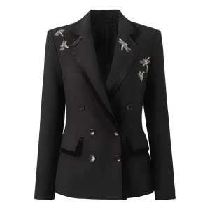 Elegant Nail Diamond Ladies Blazer Jacket Women’s Suits Double Breasted V neck Anti Wrinkle Full Sleeve Sashes Solid Worsted