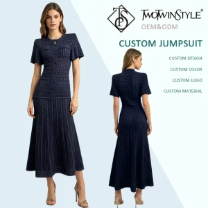 Elegant Navy Tweed Midi Dress Women Short Sleeve Round Neck Button Pocket Pleated Flared Dress Office Party Outfit