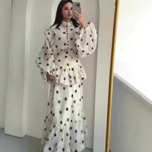 Elegant Palace style Women’s Cross Border Autumn Vintage European American Maxi Puff Sleeves Polka Dots High Waist