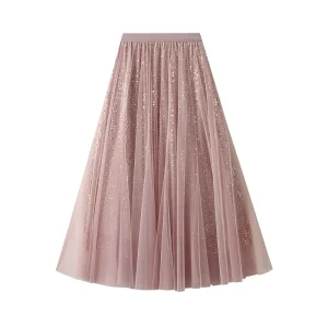Elegant Pleated Sequin Skirt for Women High-End Mid-Length A-Line SkirtS With Mesh Ruffled Hem Chic