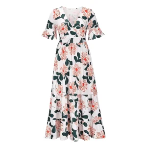 Elegant Print Ladies Summer Floral Chiffon V-Neck Maxi Bohemian Dresses Sundress Casual Long Dress for Women