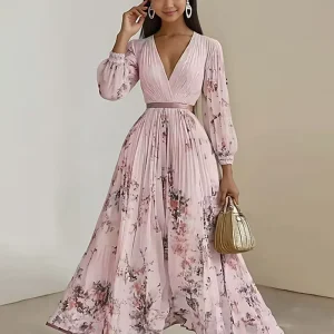 Elegant Print Maxi Dress Women Deep V Neck Long Sleeve Pleated A-Line Skirt Women’s Casual Print Dresses Fast Shipping