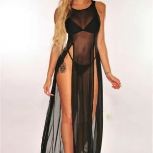 Elegant Sleepwear Women’s Sexy Thin Mesh Long Halter Lingerie Dress