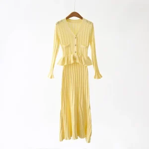 Elegant Solid Color Dress Women’s V-neck Slim Knitted Fishtail Skirt Elegant Slim-fit Knitted Skirt