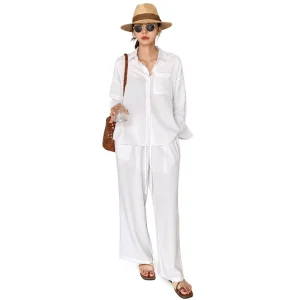Elegant Solid White Long Sleeve Office Lady Loungewear Set Women’s Casual Resort Pajamas Loose Fit Canvas Silk Feeling Sleepwear