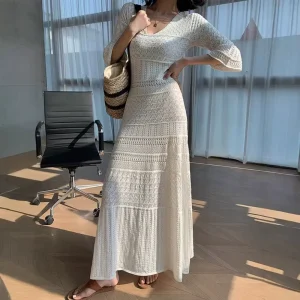 Elegant Spaghetti Strap Knitted Long Dress French Spring Autumn Unique Hollow Design V neck Petite Women’s Nylon Dress
