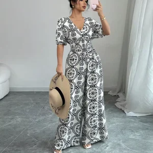 Elegant Spring Summer Casual Natural Waist Short Sleeve Jumpsuits Wide Leg Pants Overalls Women’s Printed Loose 100% Polyester