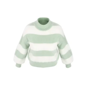 Elegant Striped Sweater Custom Pattern Women Balloon Sleeve Soft Warm Fluffy Jumper Knitwear