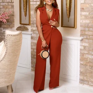 Elegant Suit Collar Waist Chain Loose Wide leg Romper One Piece Romper Sleeveless Wide Leg Women’s Jumpsuit