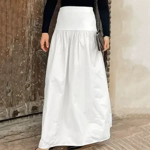 Elegant Summer Casual Zip-Up High Waist Maxi Women Pleated Skirt Solid Cotton White Long Skirt