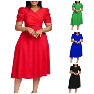 Elegant Summer Dress for Women Short Sleeve V neck Ruched A line Ladies Office Dresses Women Casual Dresses