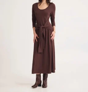 Elegant U Neck Long Sleeve Knit Dress Sashes Natural Waist Women’s Breathable Comfortable Midi Dress for Daily OEM Service