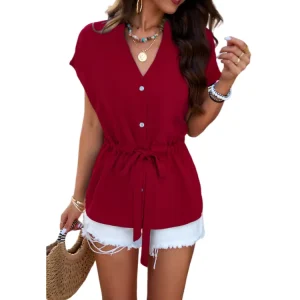Elegant V Neck Chiffon Blouses for Women Fashionable Loose Tops with Button Casual Spring Style for Work Daily Use