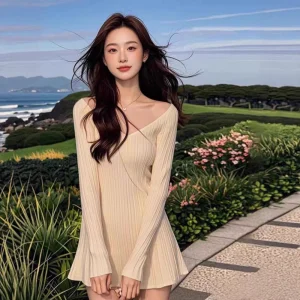 Elegant V-Neck Rice Apricot Long-Sleeved Solid Spring Women’s Chic Yujie Waist Base A-Line Dress
