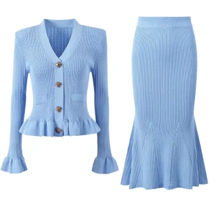 Elegant Vintage Women’s Sweater Set Ruffle V Neck Long Sleeve Top with High Waisted Midi Fishtail Skirt Knitted Two Piece Suit