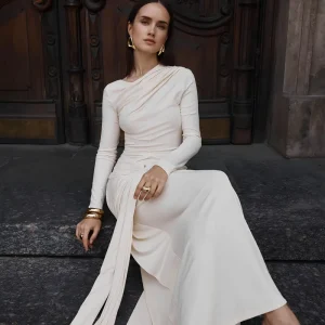 Elegant White Long Sleeve Draped Maxi Dress Women’s Stretch Jersey Evening Party Dress with Slit