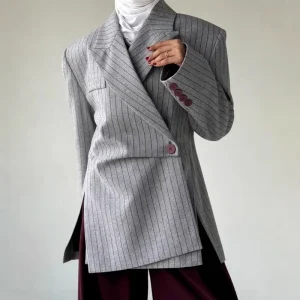 Elegant Winter Irregular Gray Striped Jacket Women’s High Quality Blazers Ladies Women